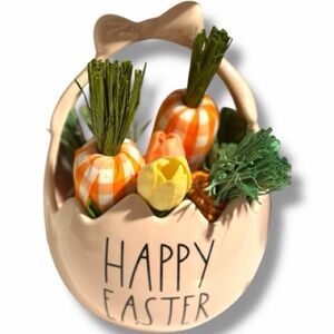 Ceramic “Happy Easter” Basket Table Décor Faux Carrots & Floras